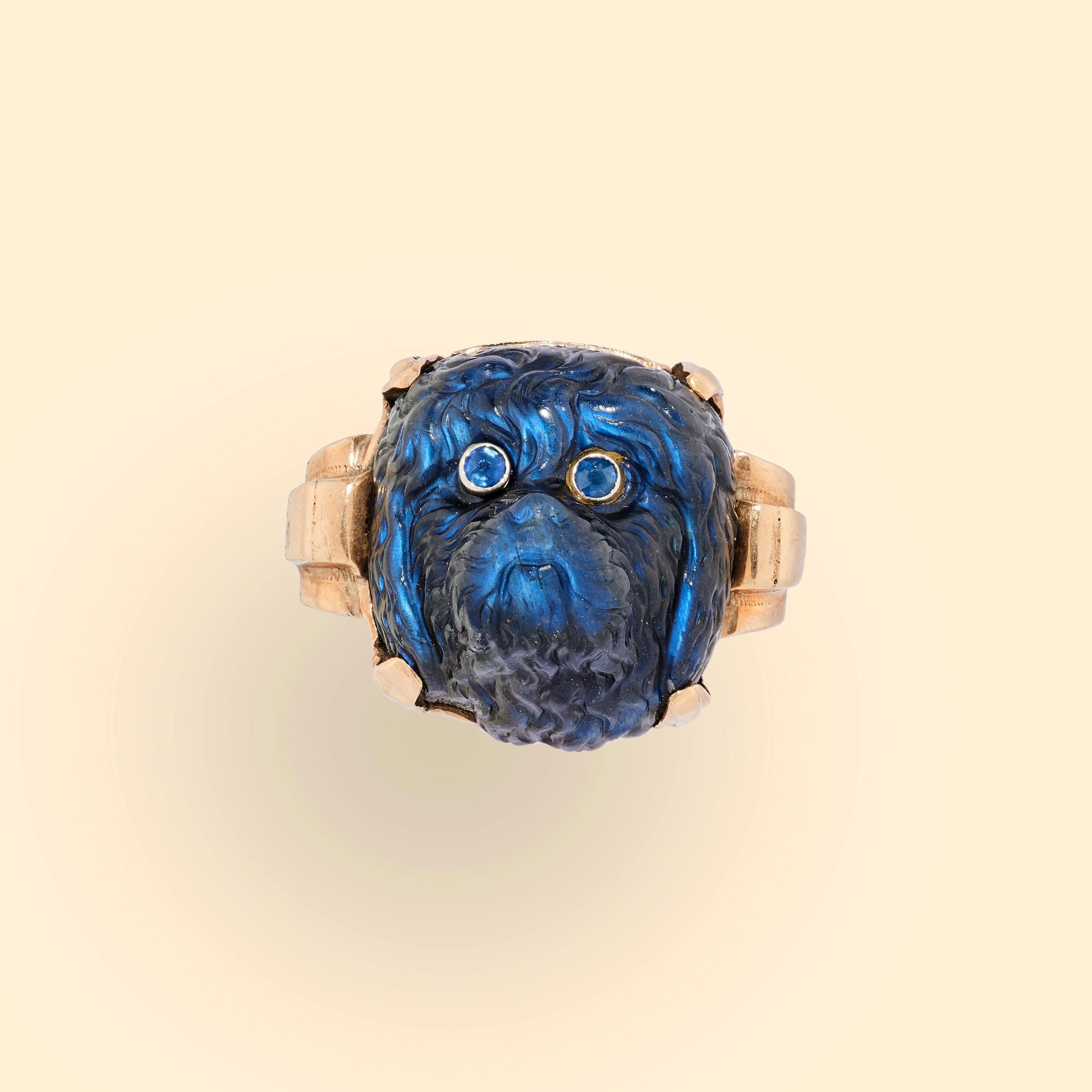 Yellow gold, sapphire and labradorite 'dog' ring Bague 'chien' labradorite