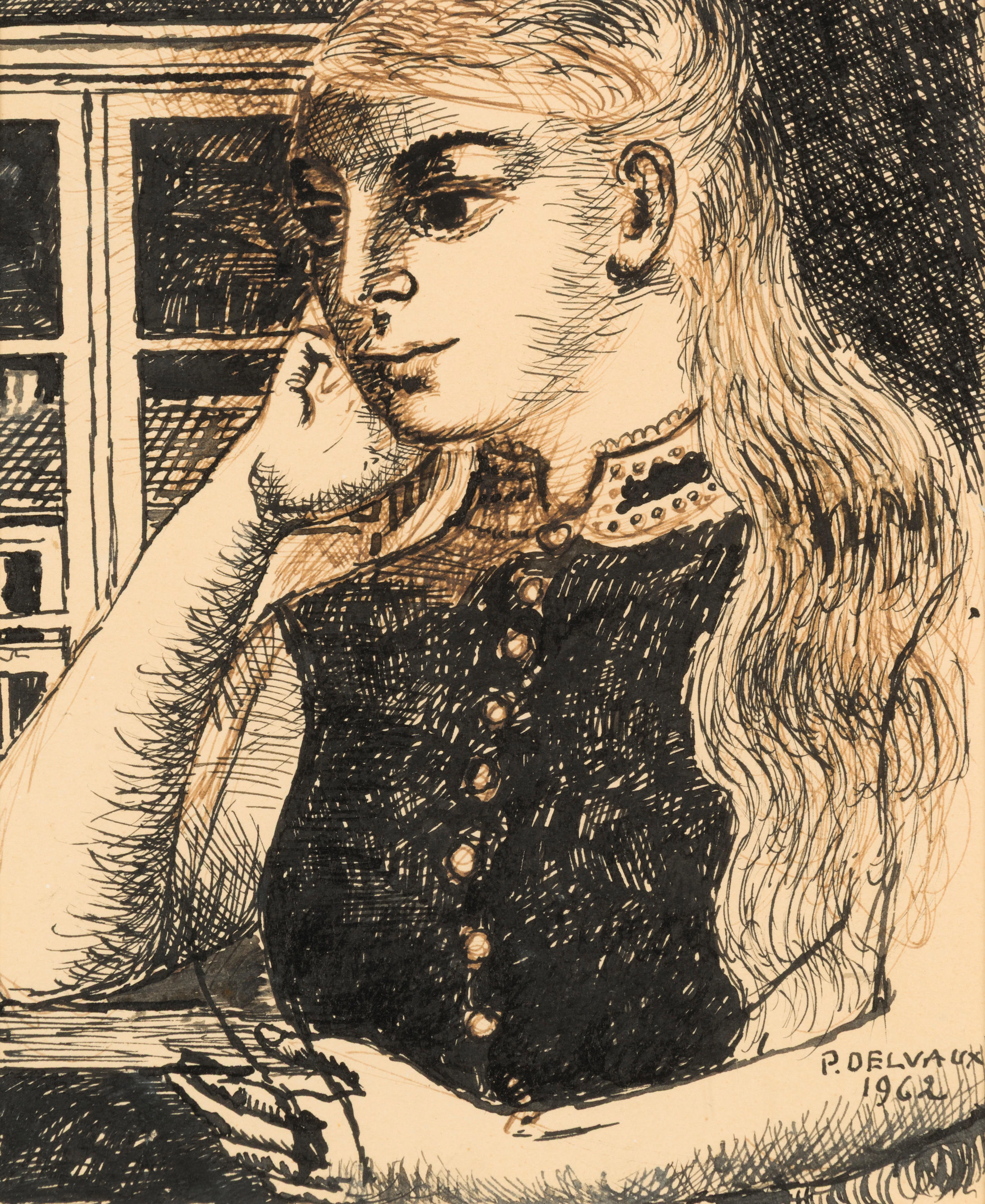 PAUL DELVAUX (1897-1994) Sans titre (Femme accoudée devant une fenêtre)