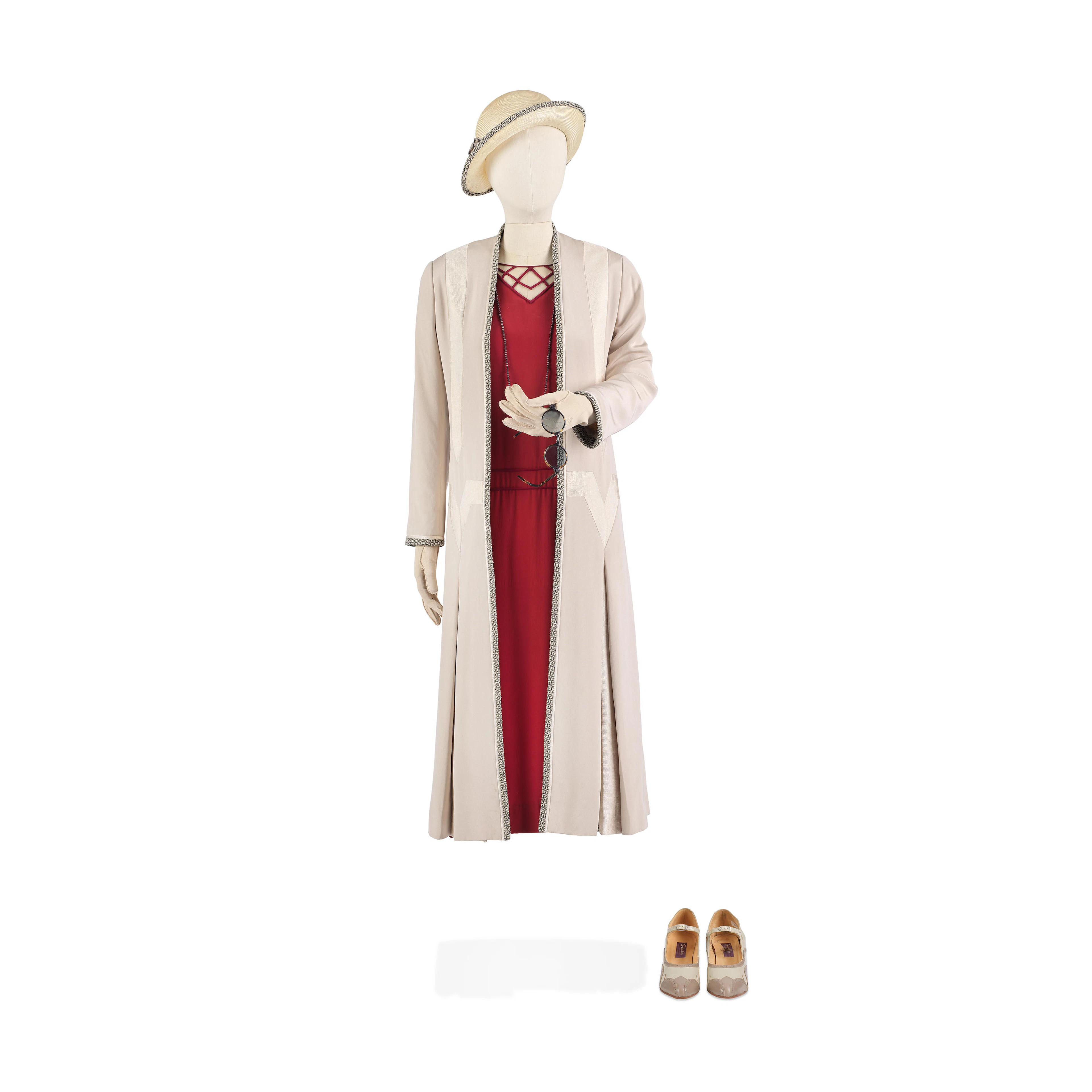 Michelle Dockery (as Lady Mary): Cream coat and red dress, from 'Brooklands'