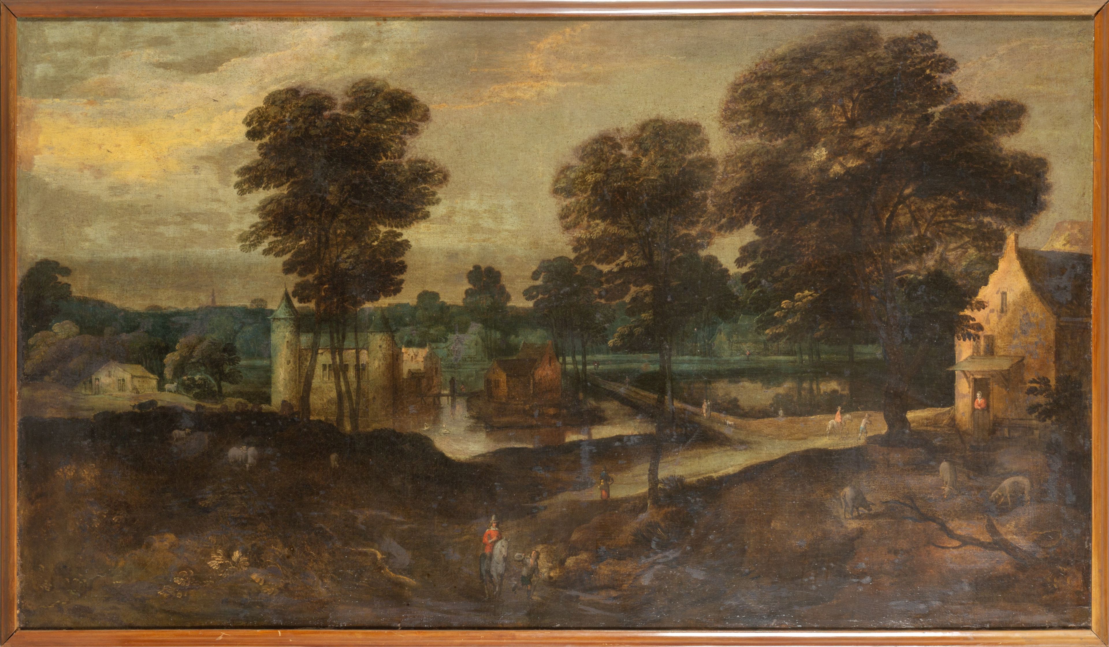 Scuola fiamminga sec.XVII 'Paesaggio con castello e viandanti' olio cm. 200x115