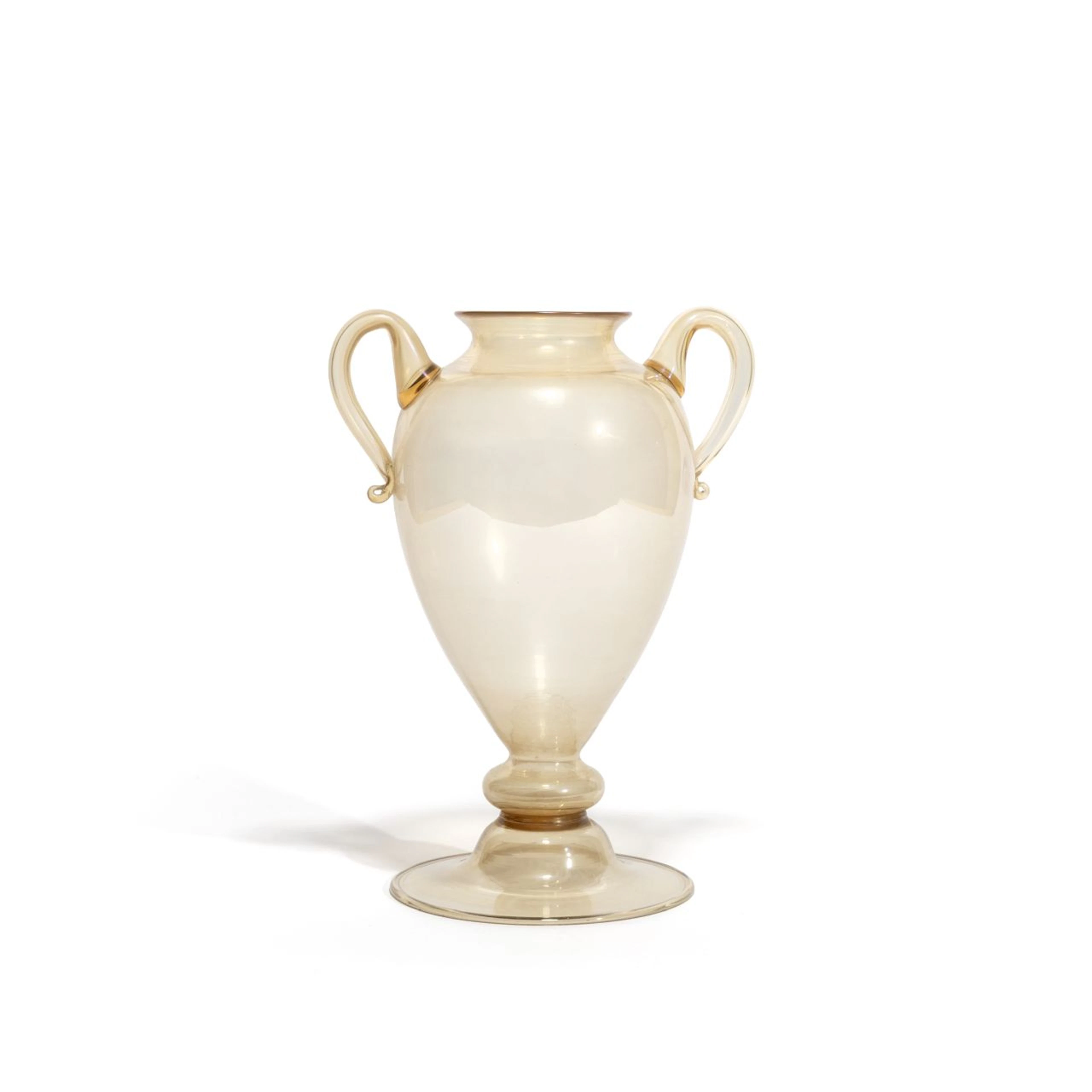 MURANO, 1925 ca. Un vaso in vetro trasparente fum´ iridato con due