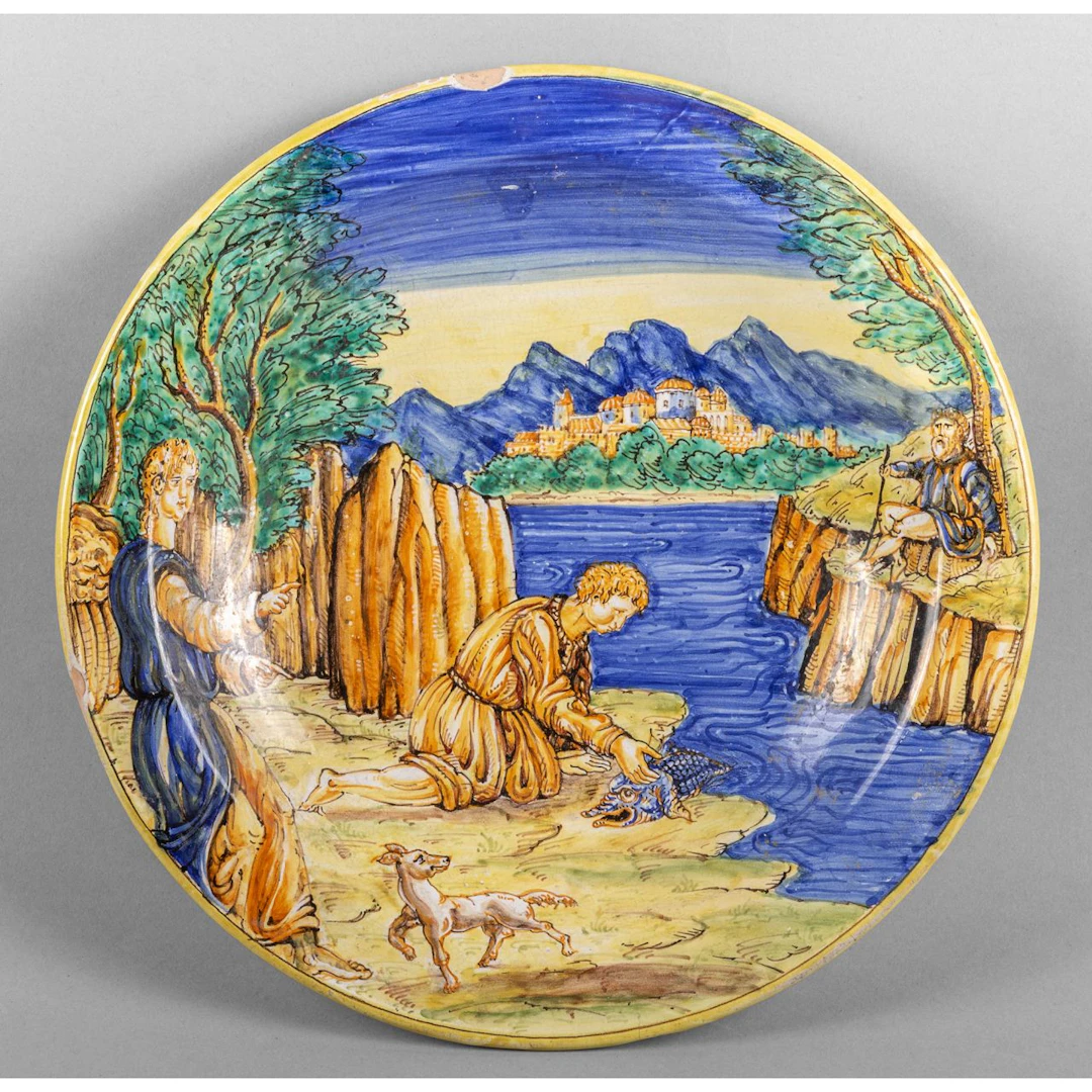 Piatto in maiolica policroma decorato con scena biblica, sec.XIX diam.cm.31