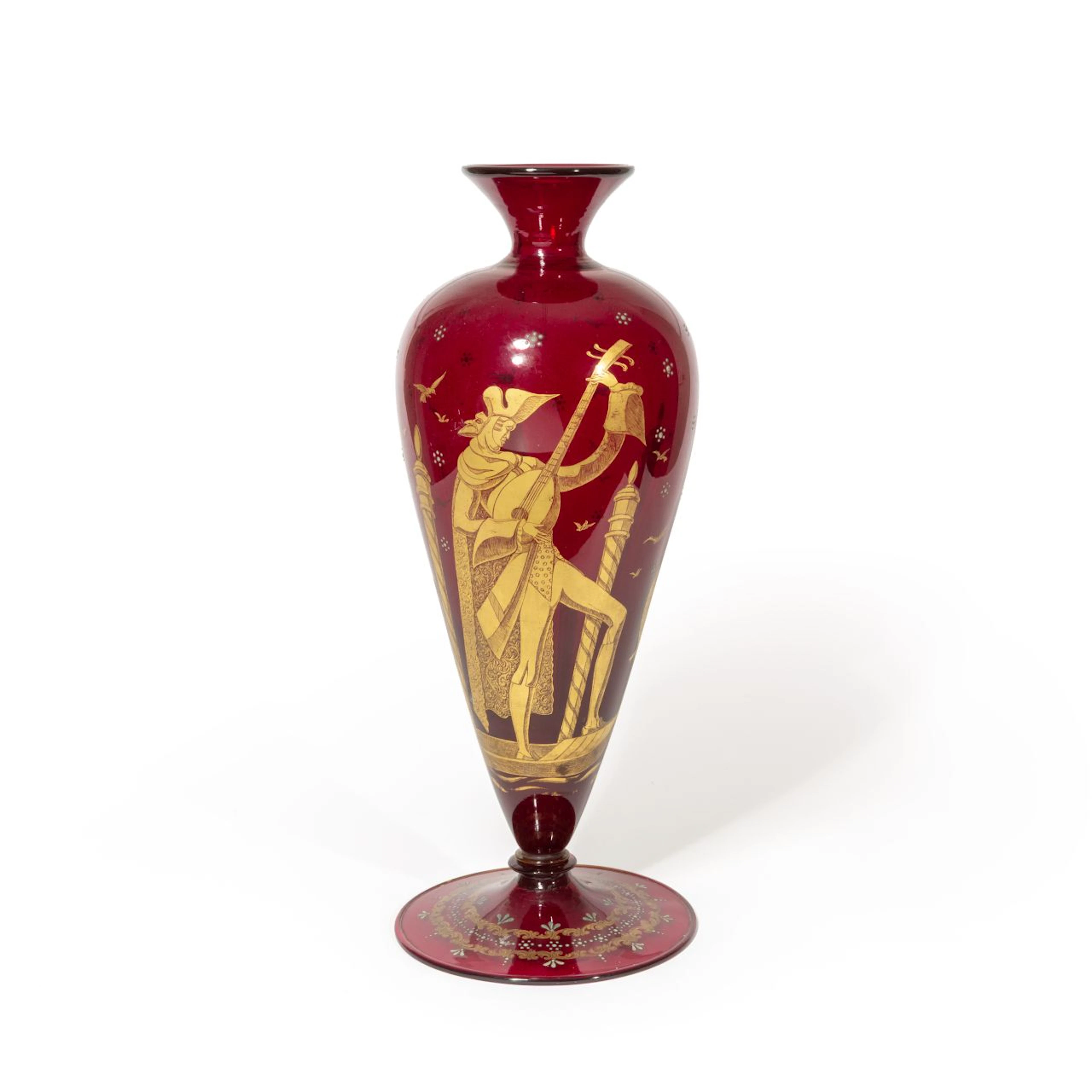 S.A.L.I.R., (attribuito), 1940 ca. Un grande vaso in vetro rosso decorato