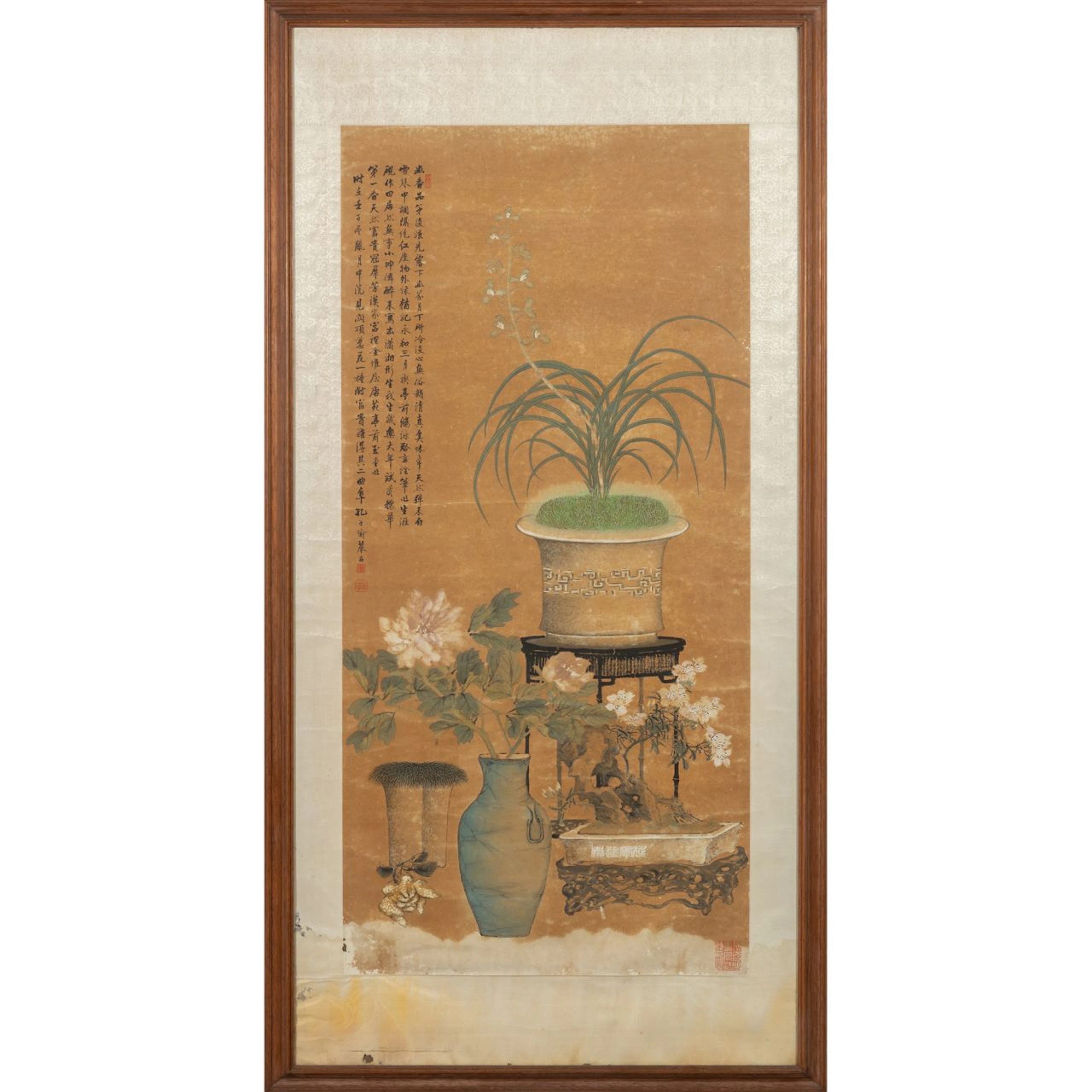 'Tavolino con vasi di fiori' dipinto su carta, Cina sec.XIX cm. 61x132