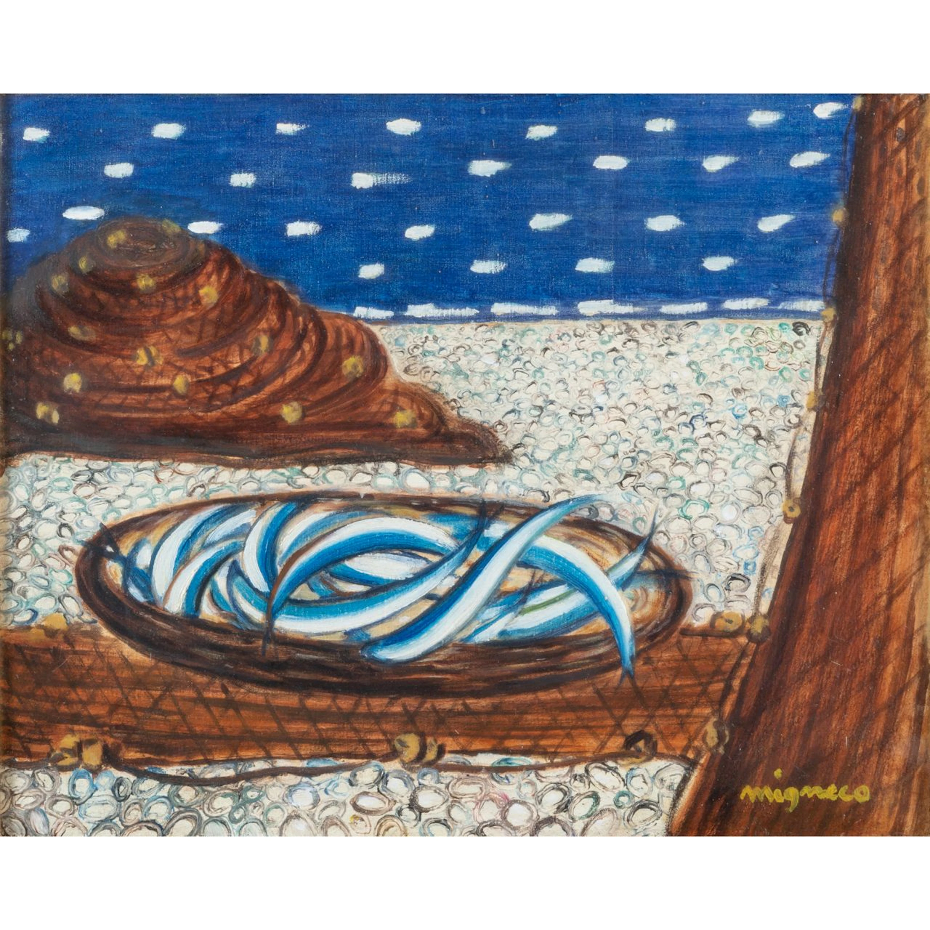 GIUSEPPE MIGNECO (1908-1997) Cesto di pesci sulla spiaggia (anni '60)