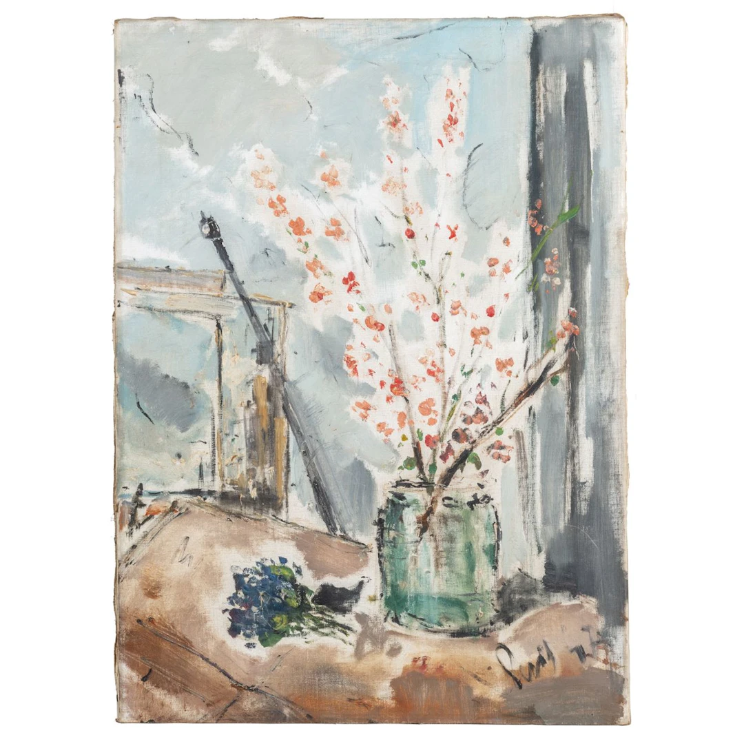 FILIPPO DE PISIS (1896-1956) Vaso di fiori con ciclamini sul tavolo