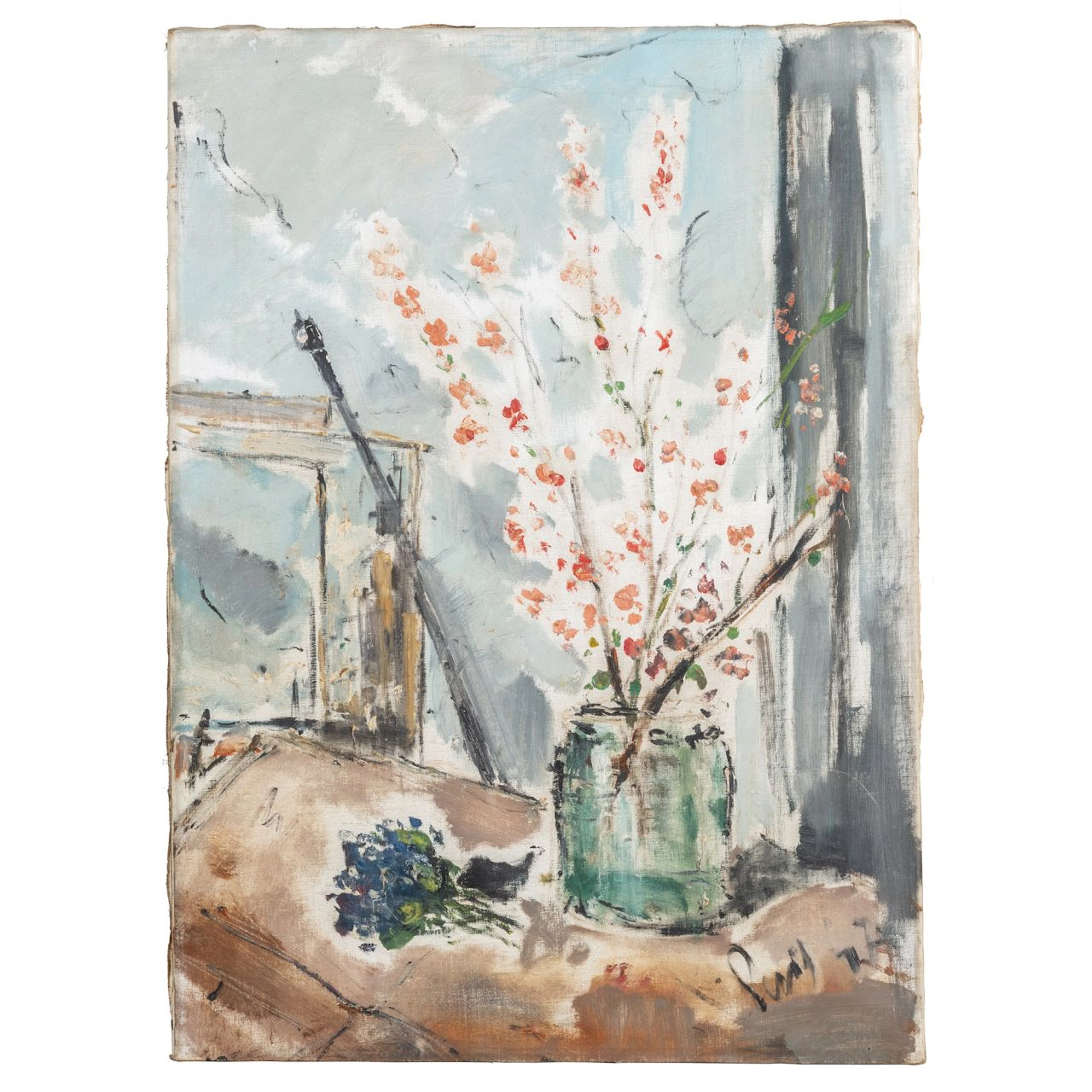 FILIPPO DE PISIS (1896-1956) Vaso di fiori con ciclamini sul tavolo