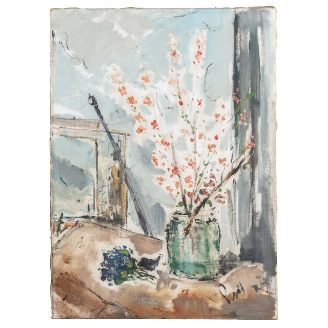 FILIPPO DE PISIS (1896-1956) Vaso di fiori con ciclamini sul tavolo