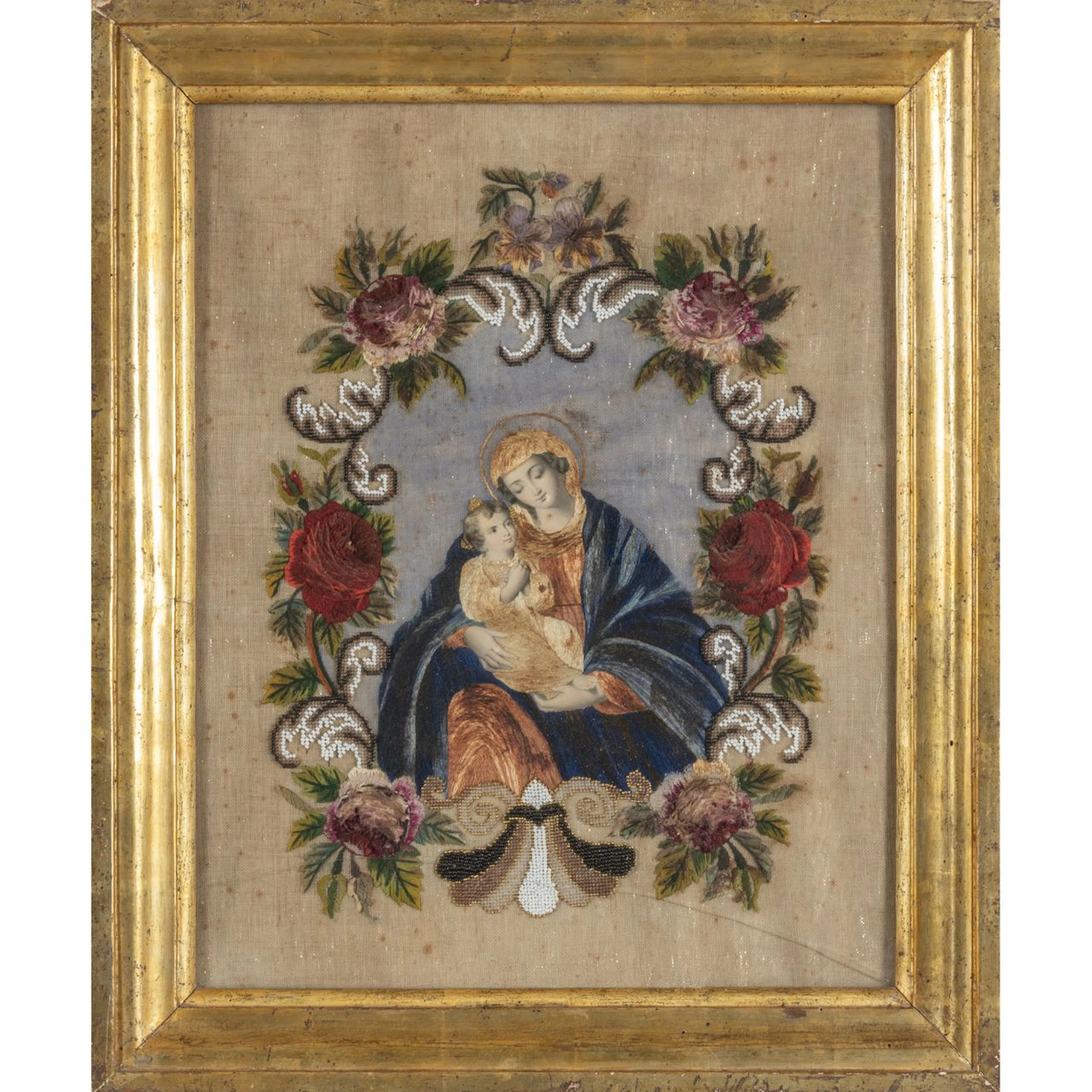 'Madonna con Bambino' disegno, ricamo e applicazione di perline, sec.XIX