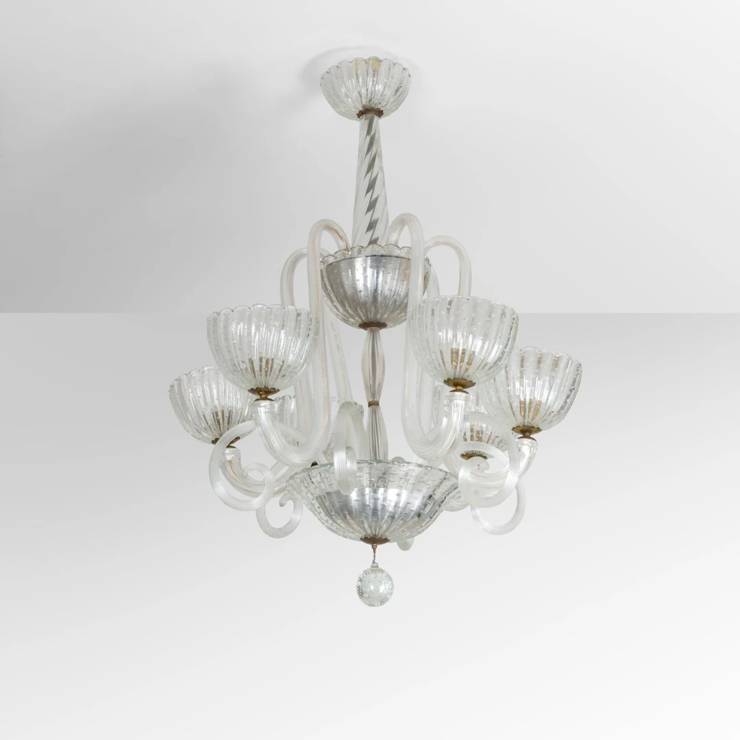 BAROVIER & TOSO, anni '40. Una lampada a sospensione. Steli in cristallo