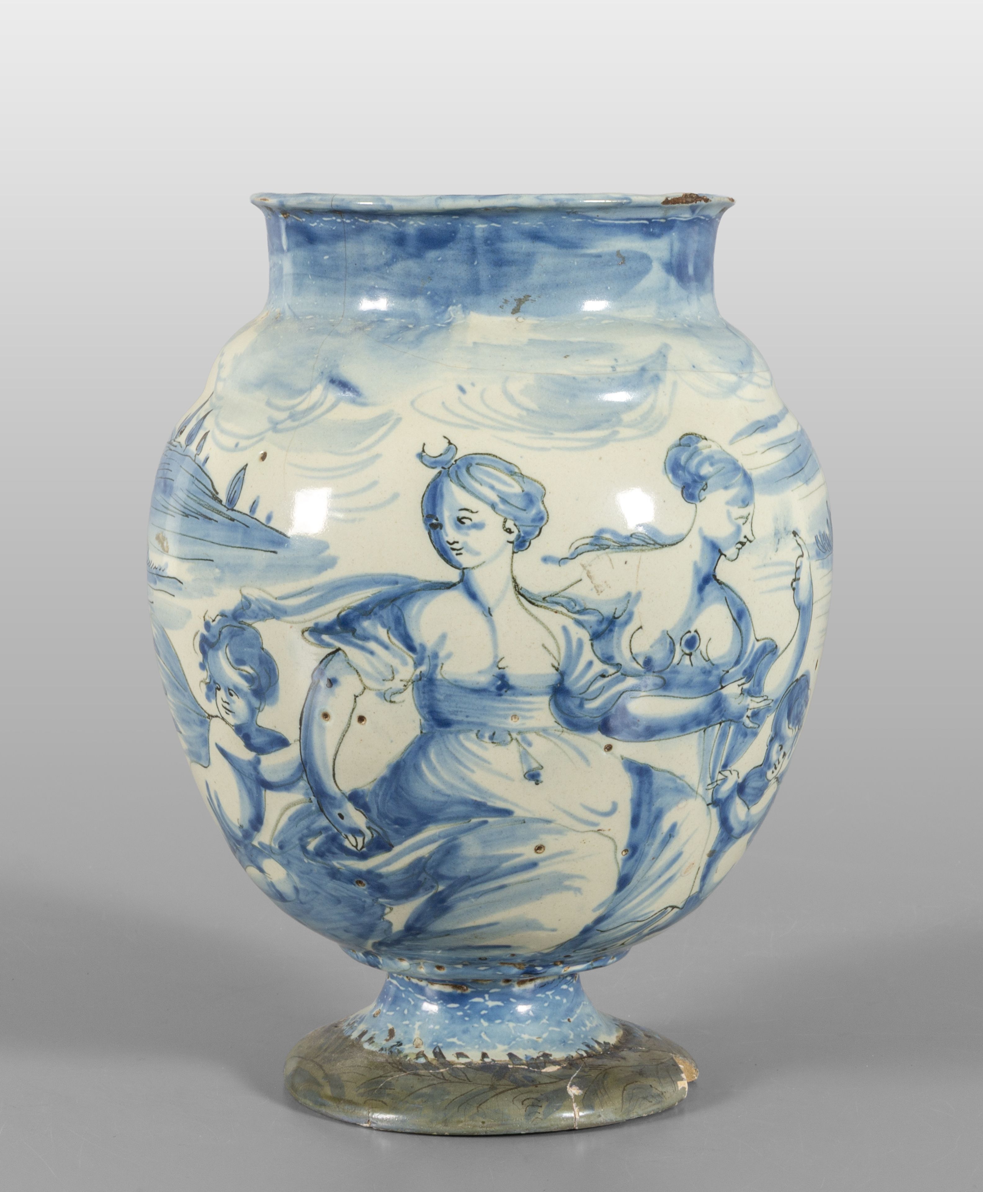 Vaso in ceramica di forma ovoidale, decorazione figurata su fondo