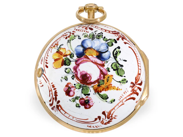 Pocket watch: gold verge watch with a very rare porcelain case, Guy