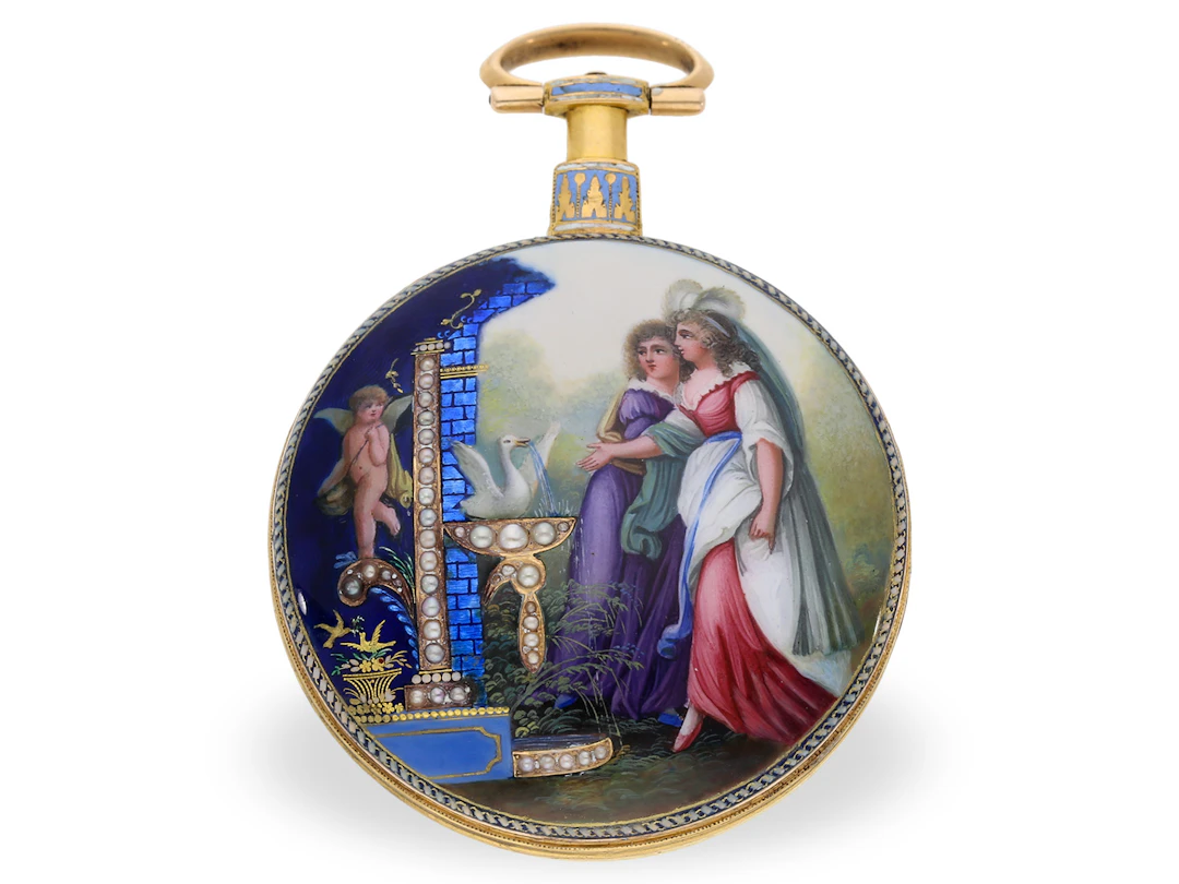 Pocket watch: exquisite English gold and enamel watch set with Oriental