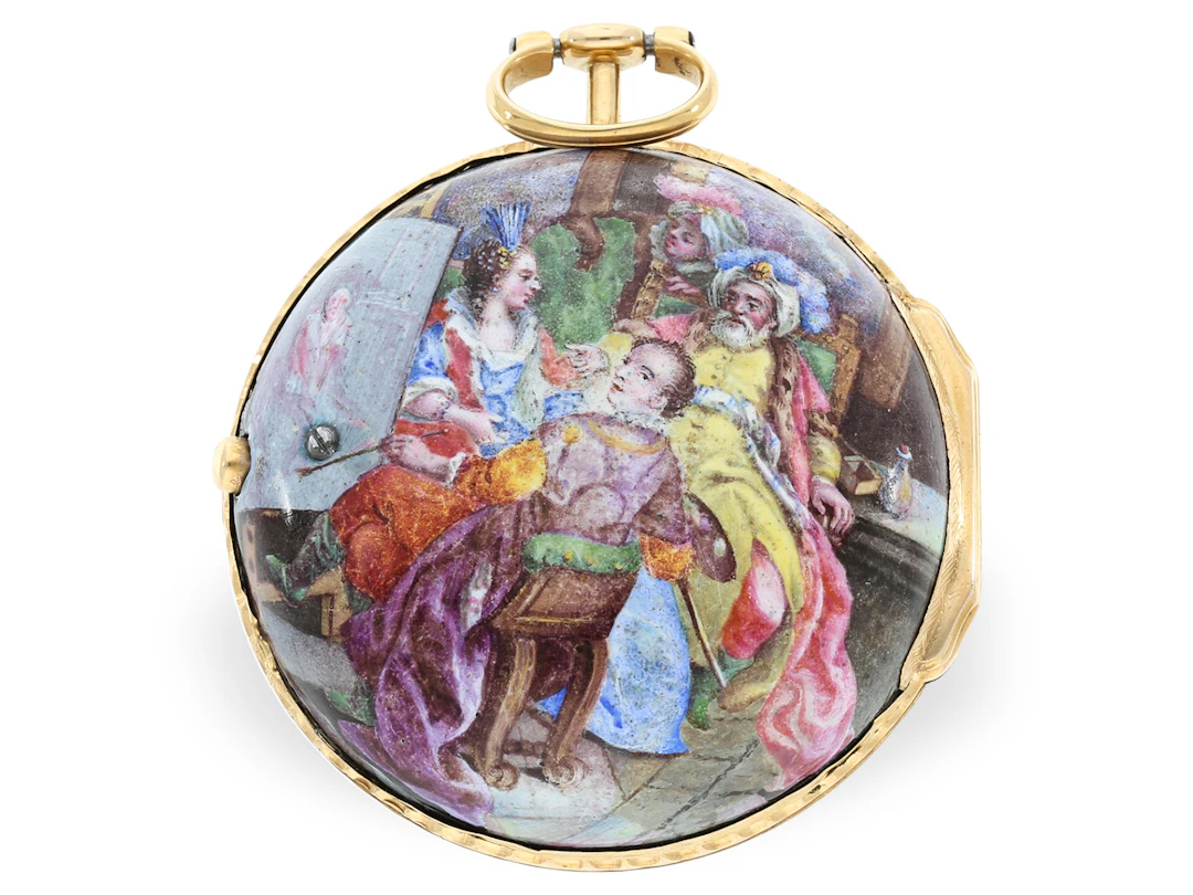 Pocket watch: Rococo verge watch with enamel painting, rare scene, c. 1760