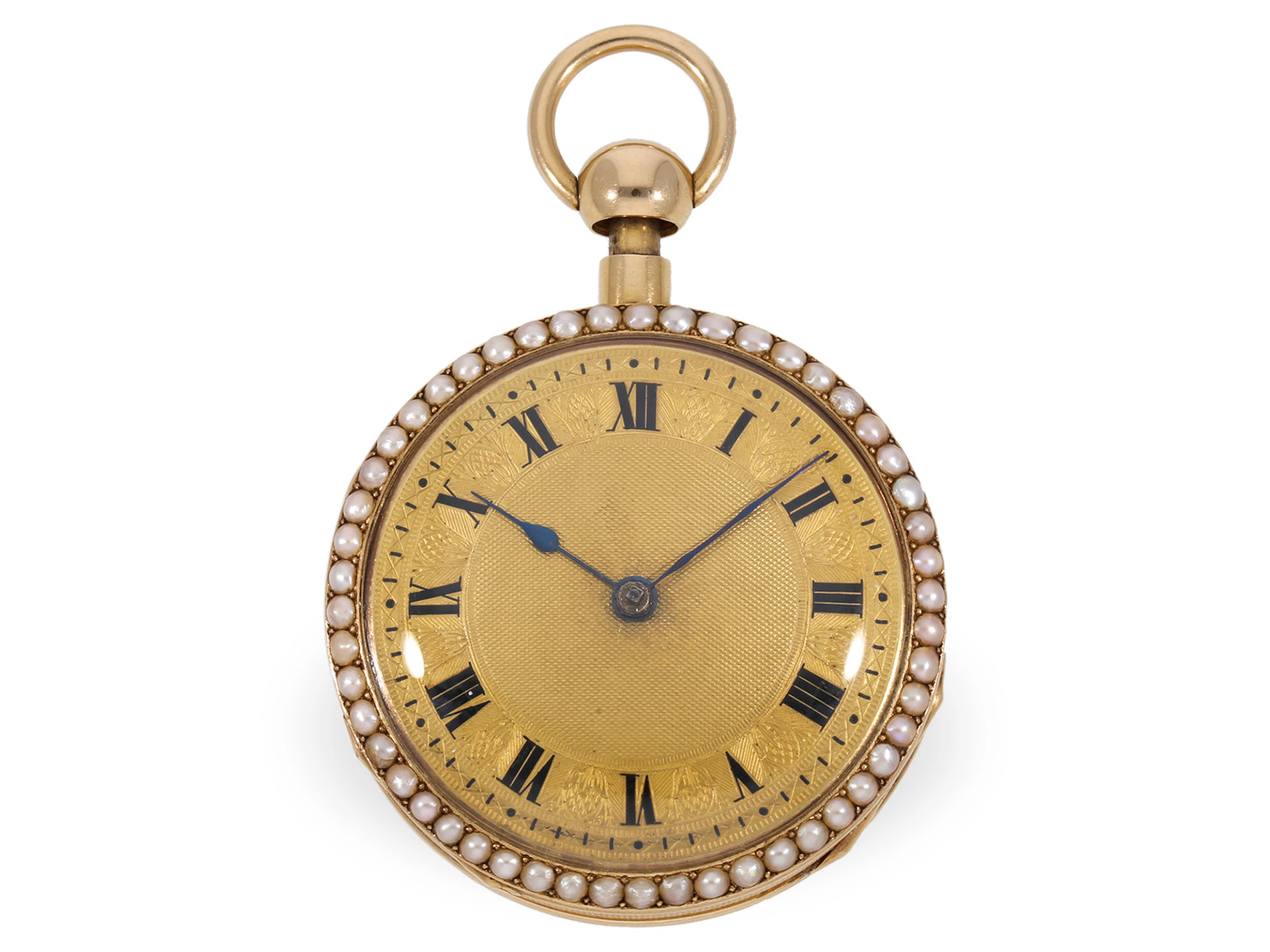 Pocket watch: gold cylinder watch with pearl setting and repeater