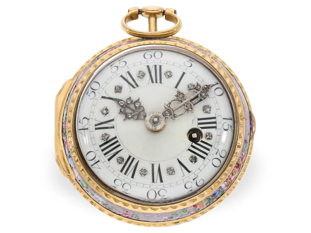 Pocket watch: Rococo verge watch with enamel painting, rare scene, c. 1760