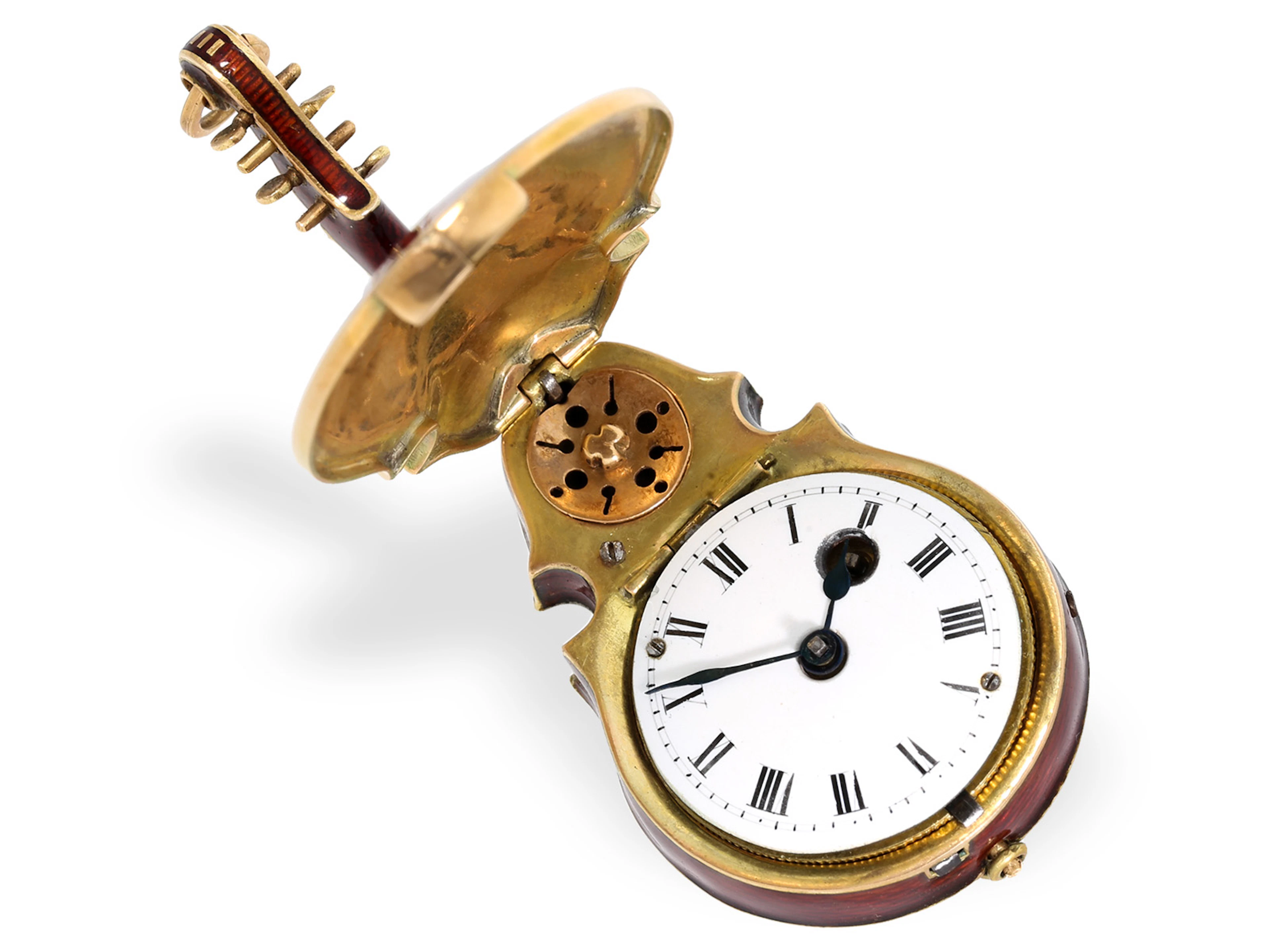 Form watch: a very rare gold and enamel violin with a scent container