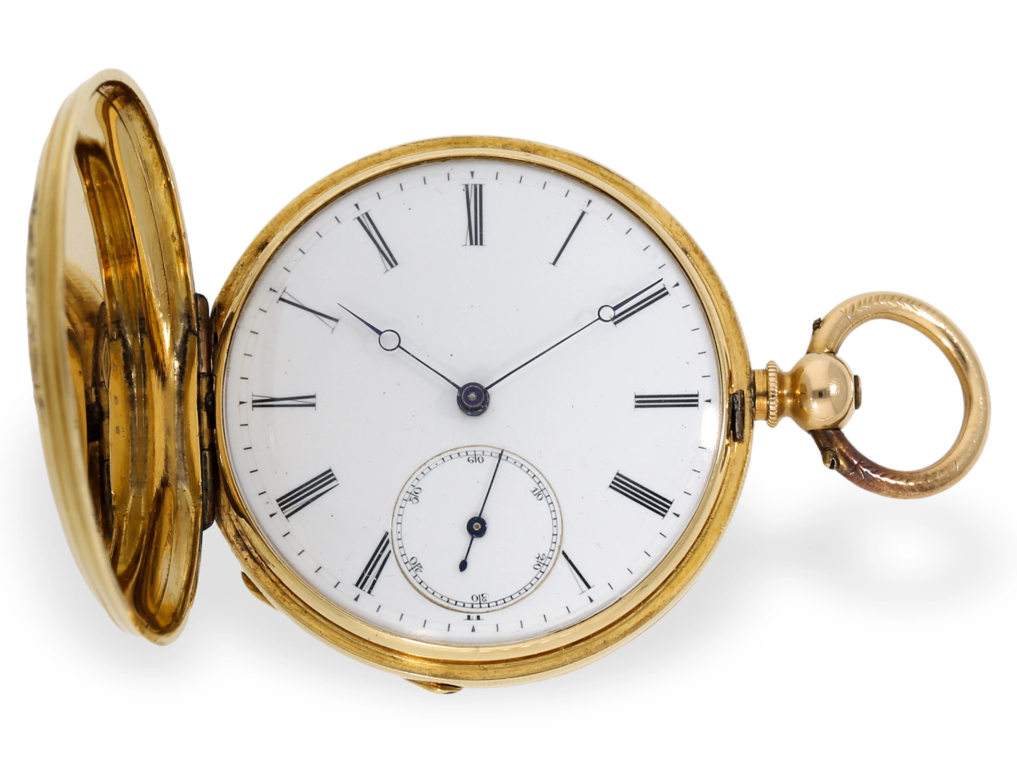 Pocket watch: attractive 18K gold/enamel hunting case pocket watch