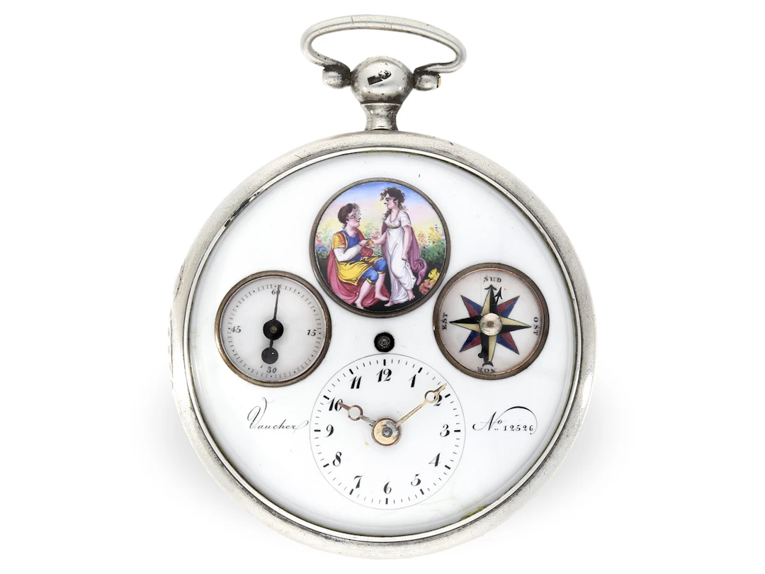 Pocket watch: very rare verge watch with enamel painting, compass