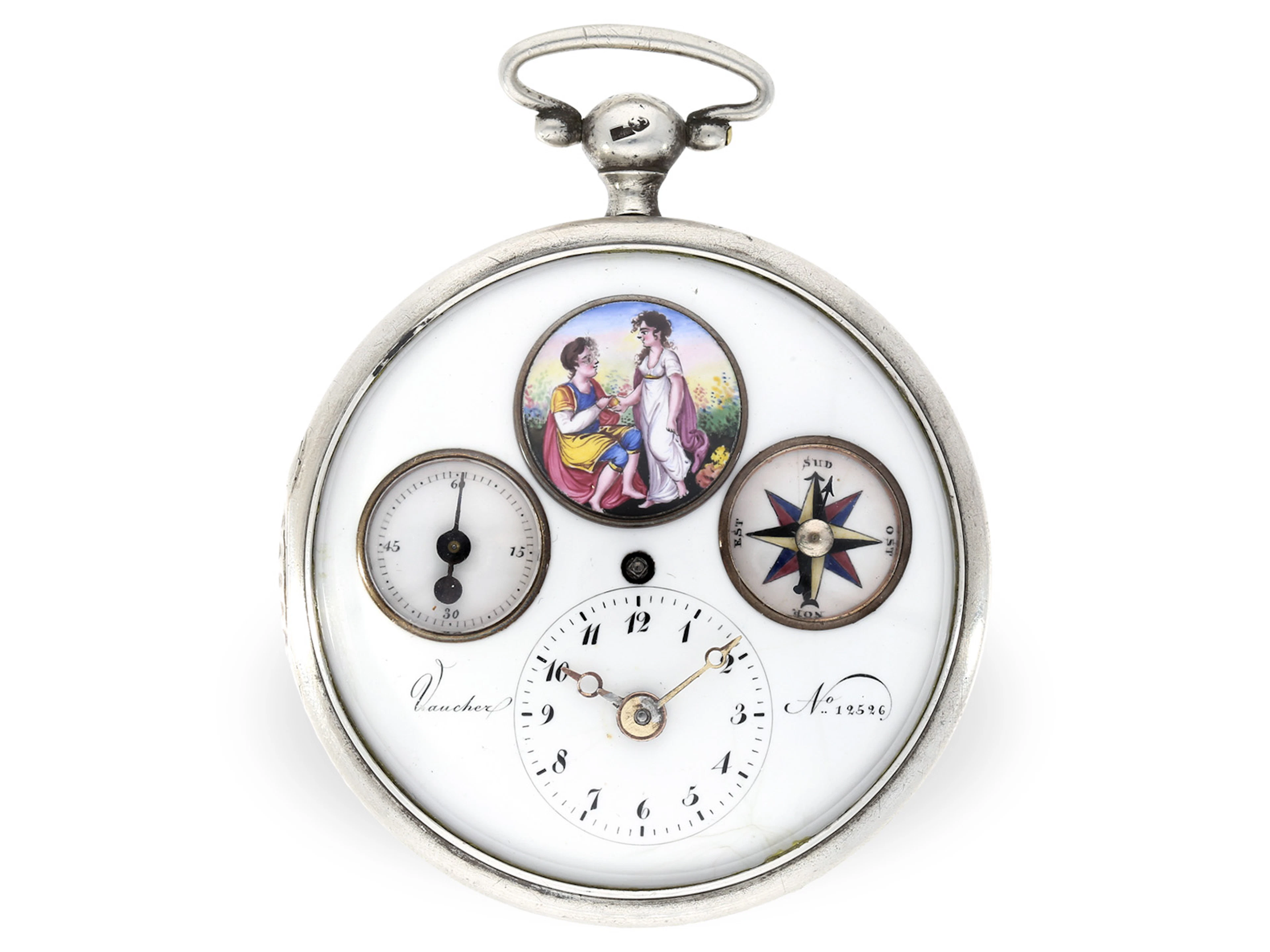 Pocket watch: very rare verge watch with enamel painting, compass