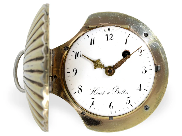 Pocket watch: large, very beautiful ‘shell’-shaped watch, Huet à Bolbec