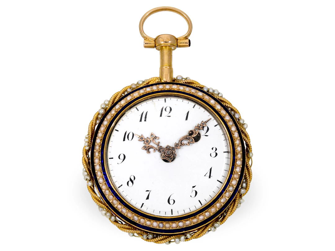 Pocket watch: very rare gold and enamel verge watch with pearl inlay, c. 1780