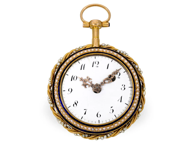 Pocket watch: very rare gold and enamel verge watch with pearl inlay, c. 1780