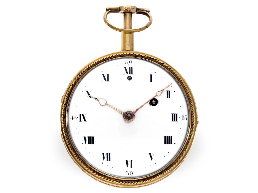 Pocket watch: large gold and enamel verge watch with repeater and