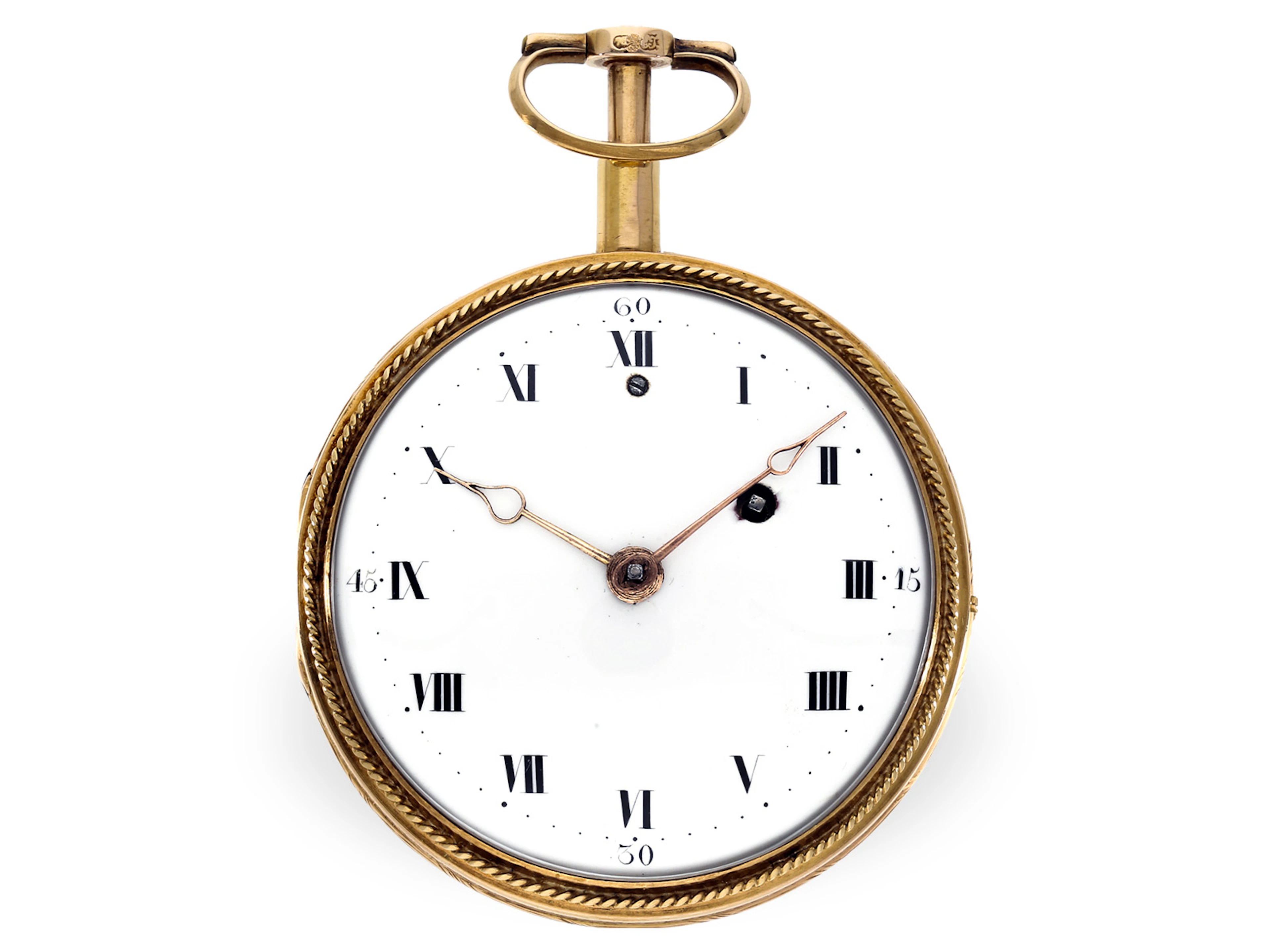 Pocket watch: large gold and enamel verge watch with repeater and