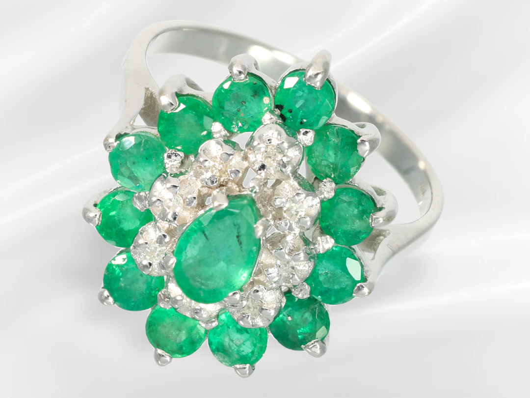 Ring: vintage white gold emerald and diamond goldsmith's ring