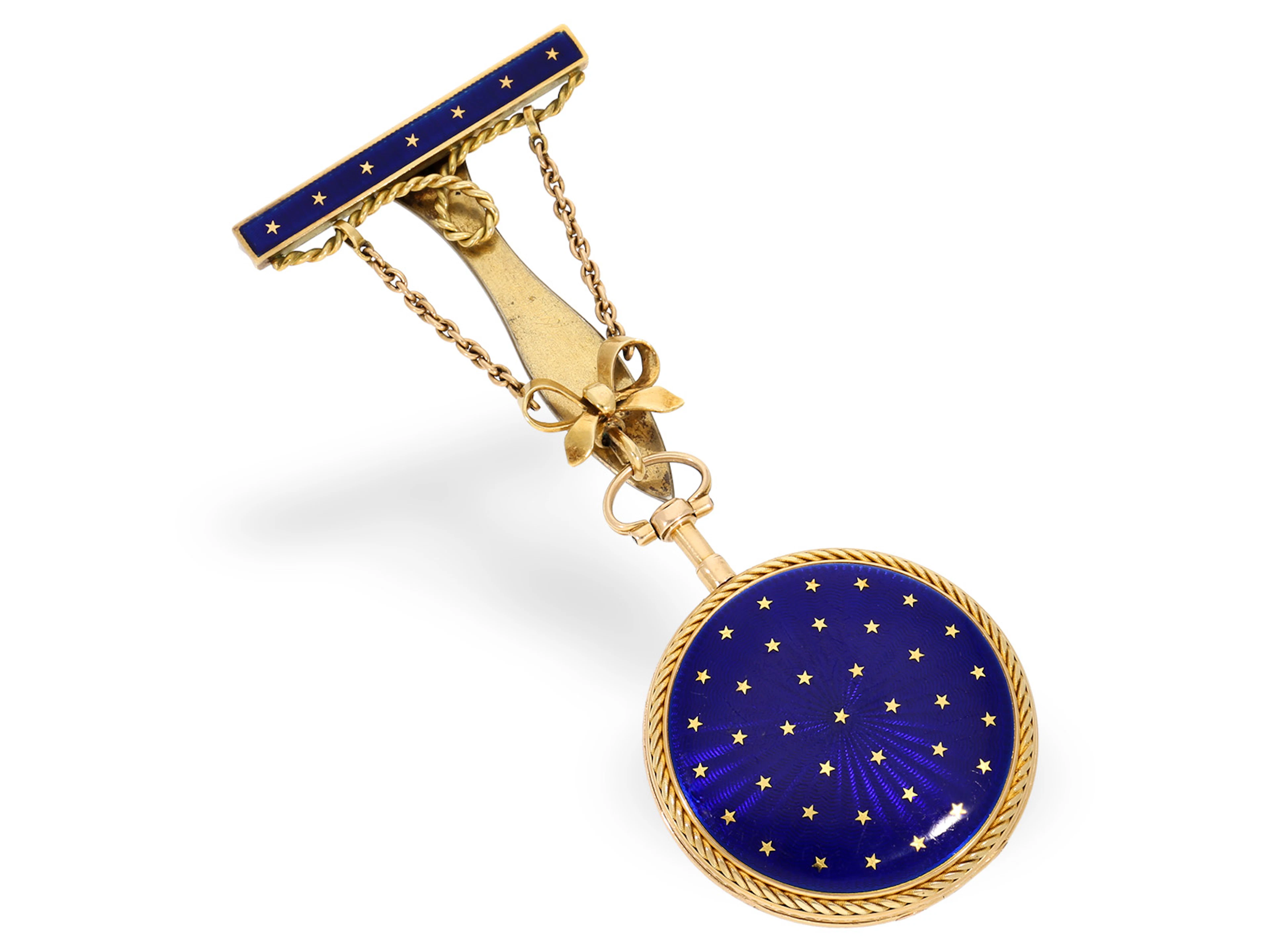 Pocket watch: gold and enamel cylinder watch with ‘starry sky’ chatelaine