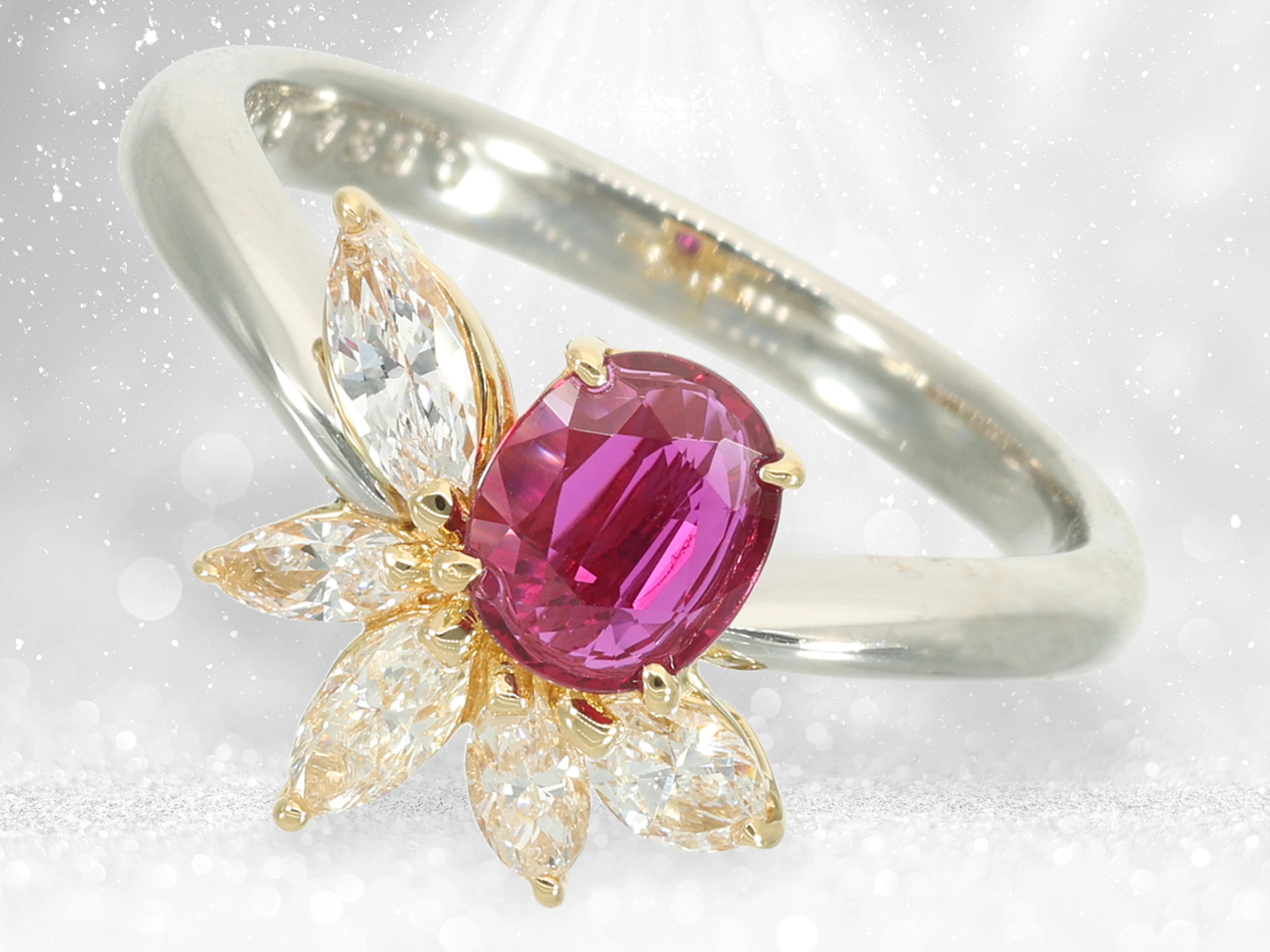 High-quality platinum ring with ruby and diamonds, finest quality