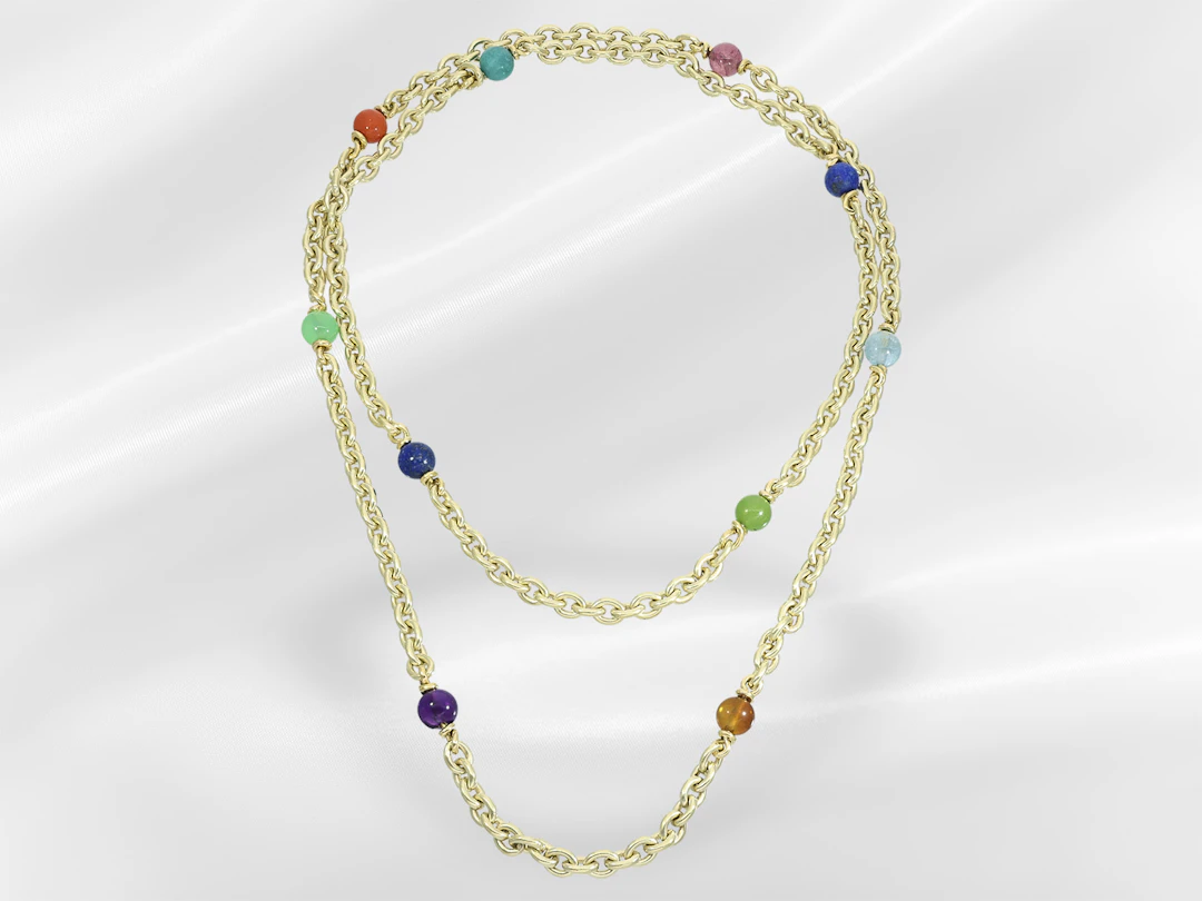Necklace: gold anchor chain with assorted coloured gemstones