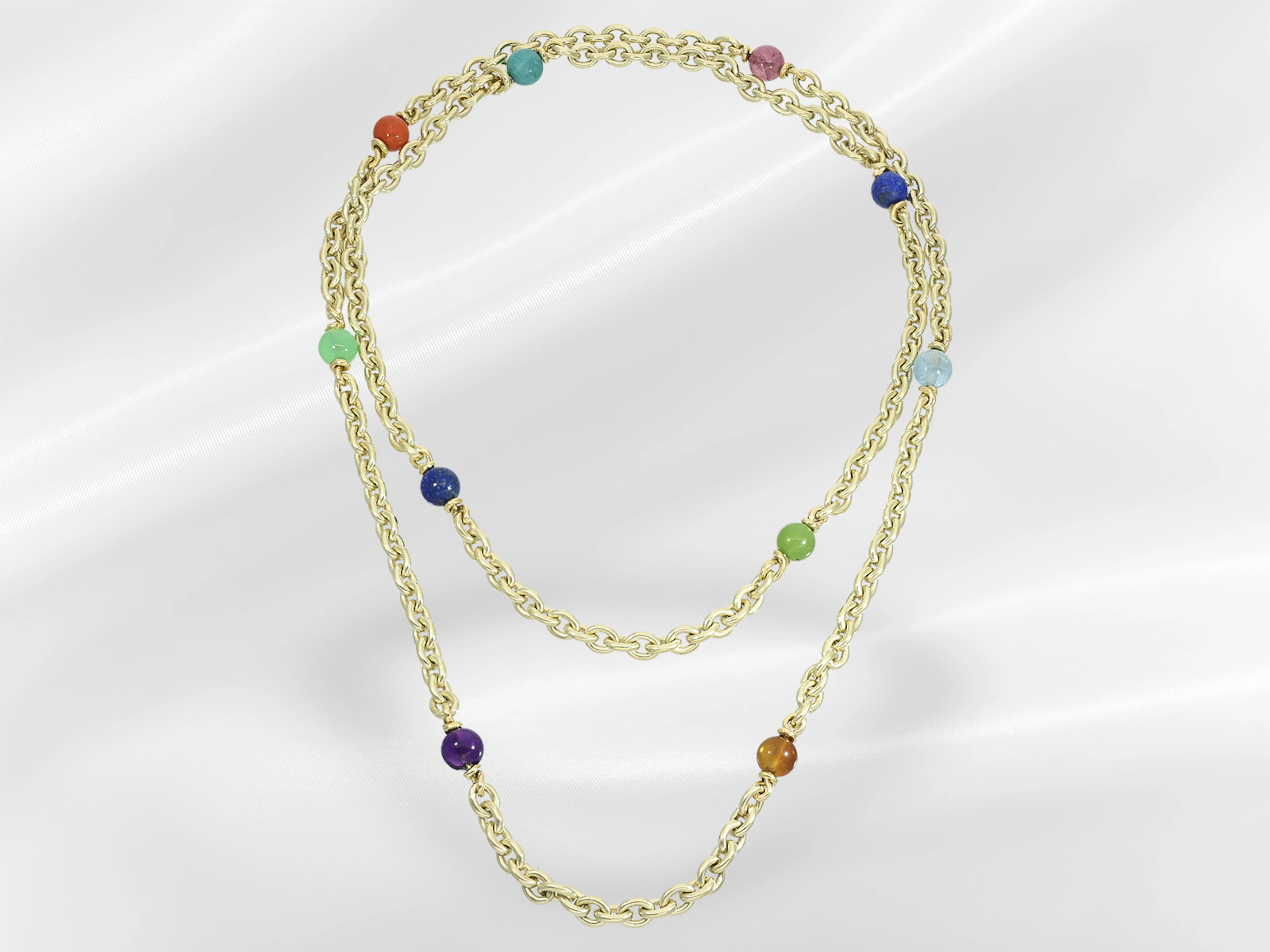 Necklace: gold anchor chain with assorted coloured gemstones