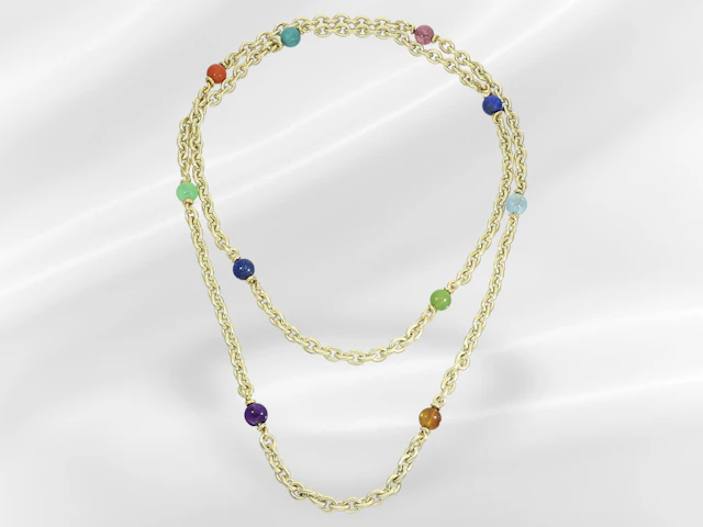 Necklace: gold anchor chain with assorted coloured gemstones