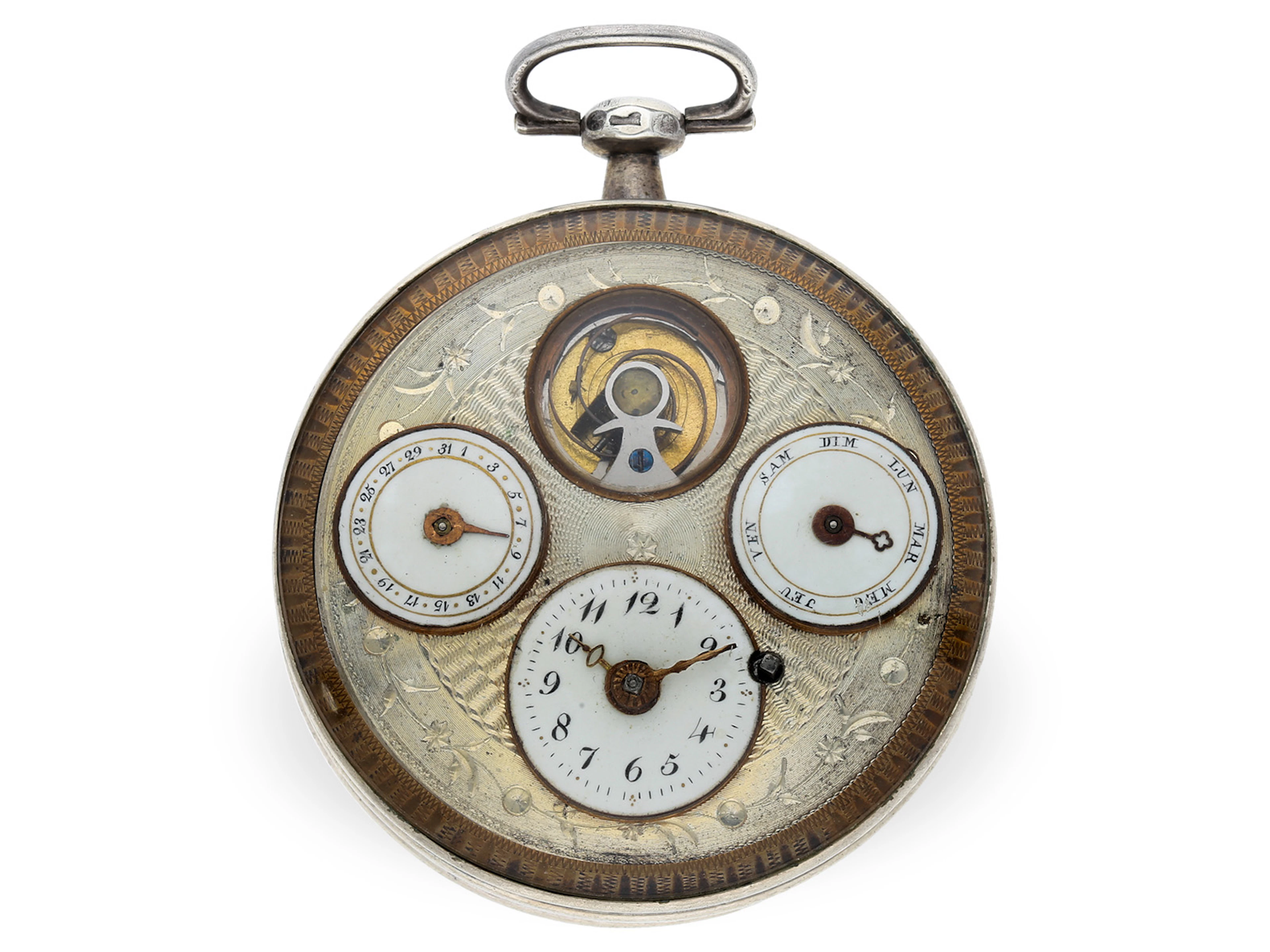 Pocket watch: large verge watch with calendar and so-called ‘hypnotic’