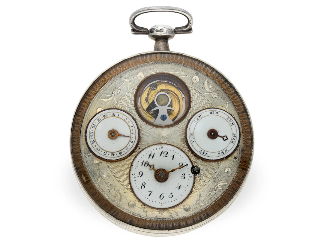 Pocket watch: large verge watch with calendar and so-called ‘hypnotic’