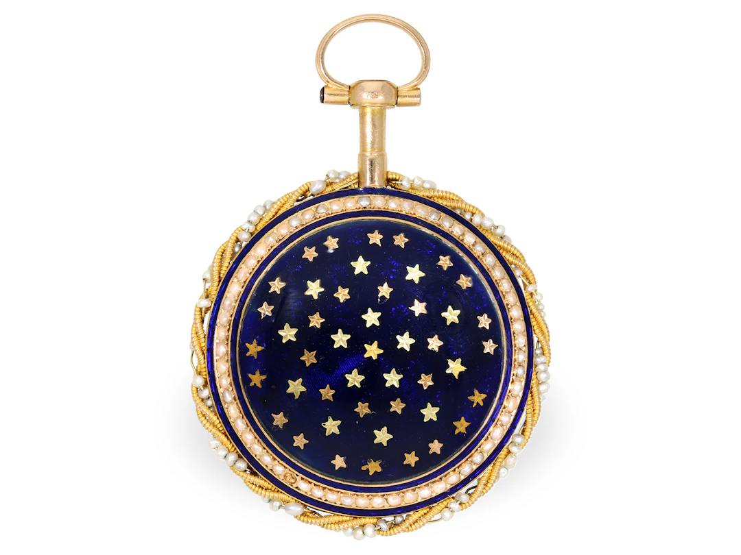 Pocket watch: very rare gold and enamel verge watch with pearl inlay, c. 1780
