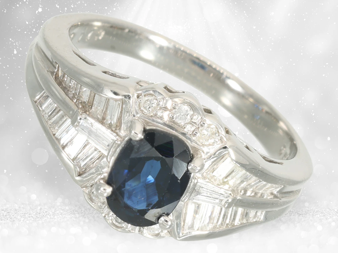 Ring: modern platinum ring with sapphire and diamonds, new