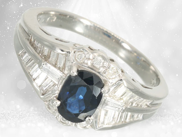 Ring: modern platinum ring with sapphire and diamonds, new