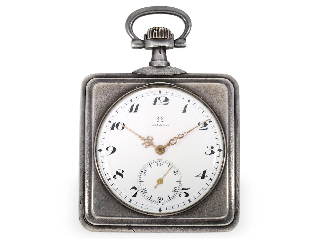 Pocket watch: rare, square Art Nouveau watch by Omega, circa 1900