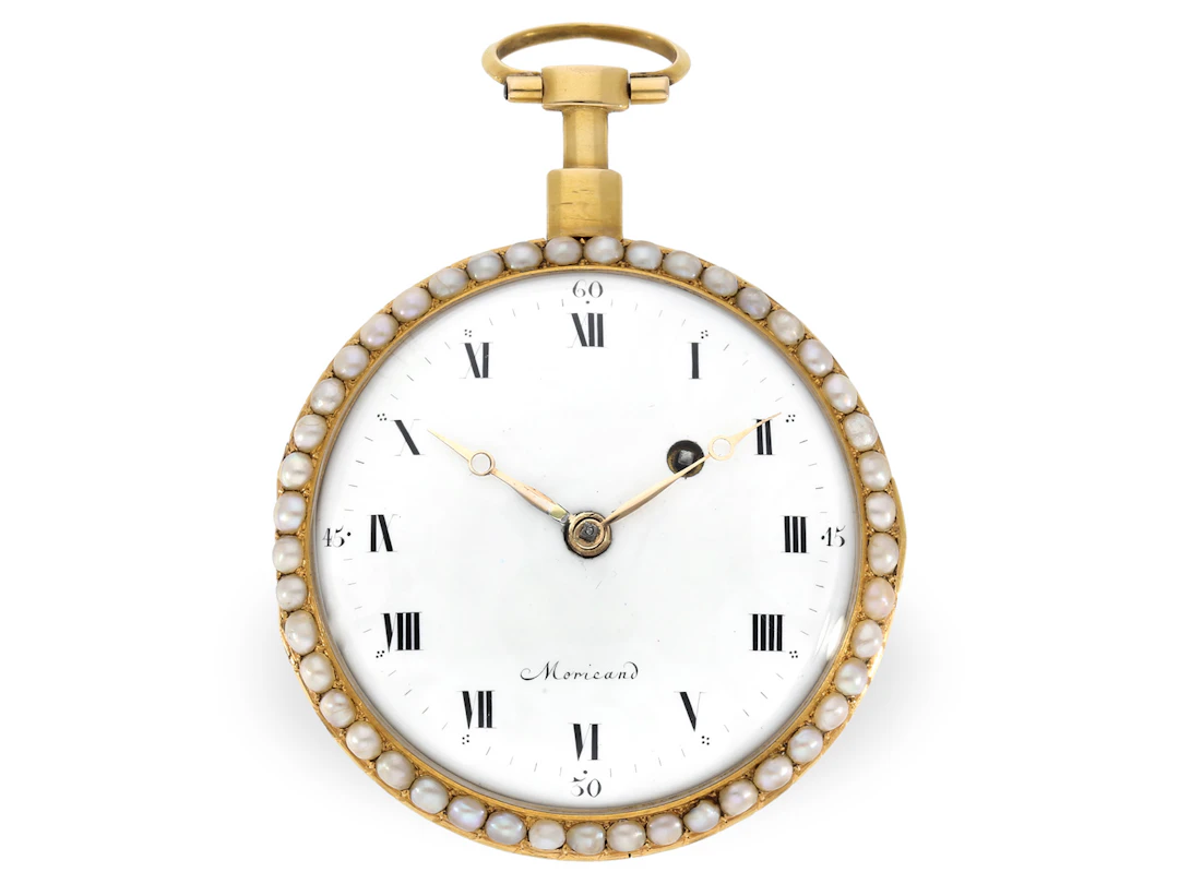 Pocket watch: very fine Geneva enamel watch set with pearls and diamonds