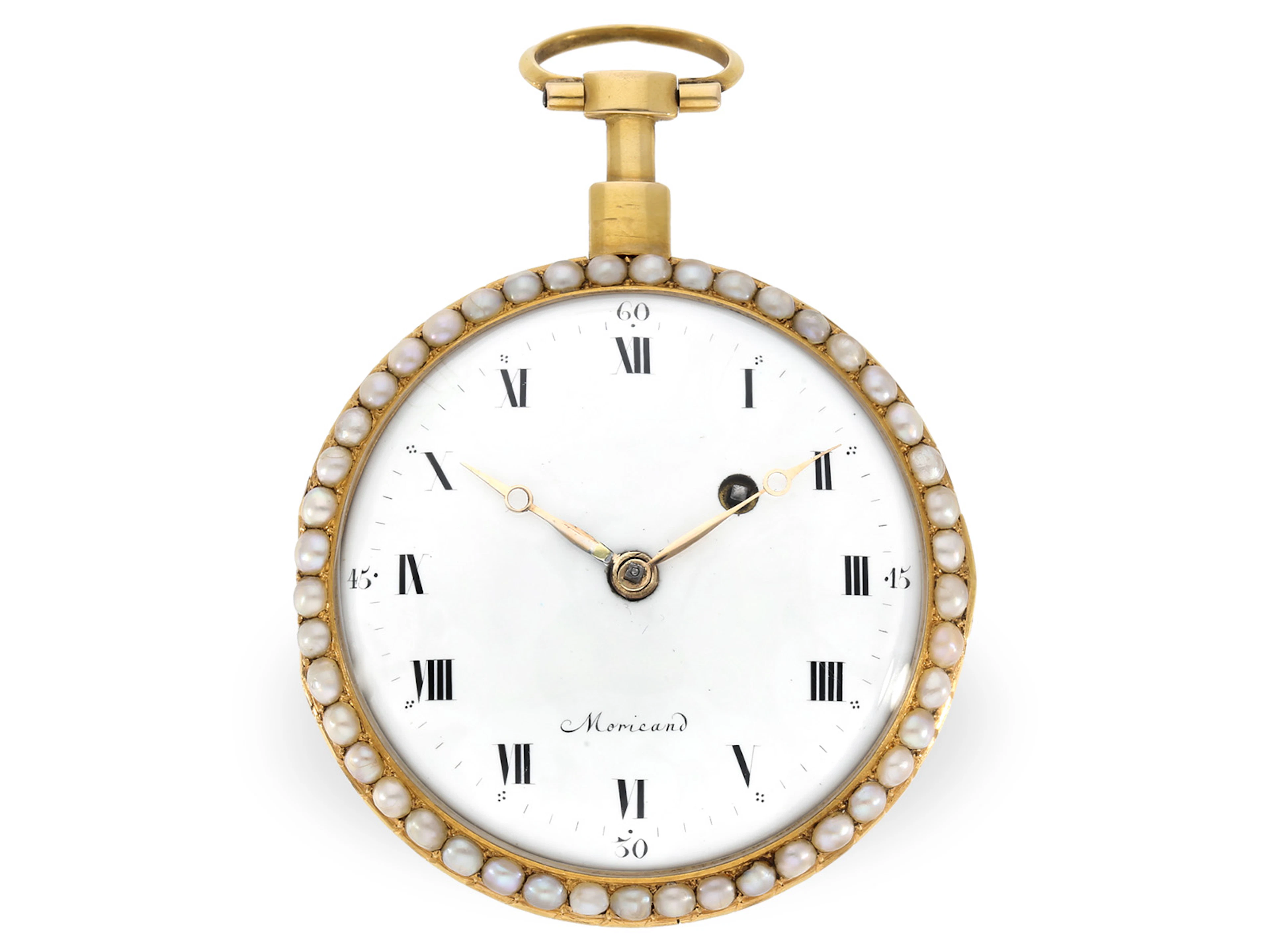Pocket watch: very fine Geneva enamel watch set with pearls and diamonds