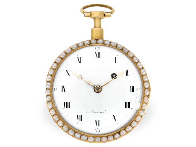 Pocket watch: very fine Geneva enamel watch set with pearls and diamonds