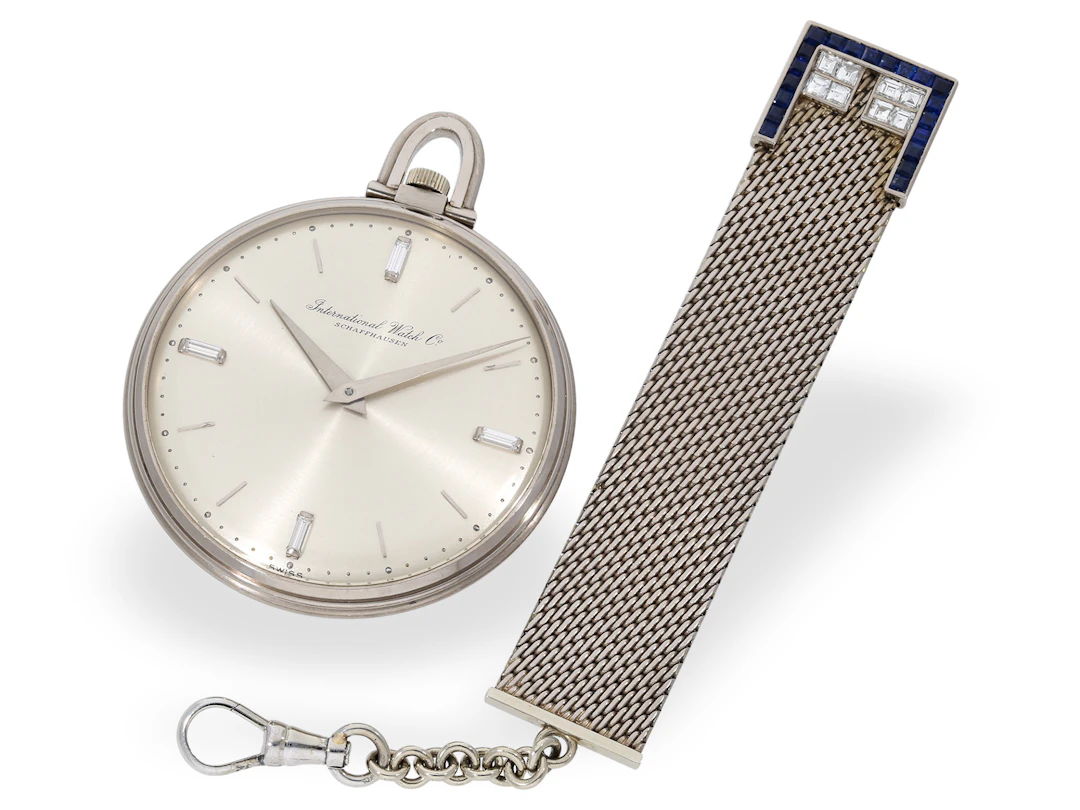 Pocket watch: extremely rare IWC dress watch with chatelaine, white gold, 1947