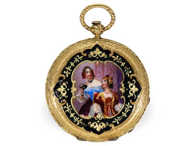 Pocket watch: rare gold and enamel Lépine with very fine enamel painting