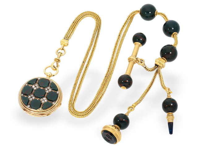 Pocket watch with gold/jasper/diamond case and matching original gold/jasper