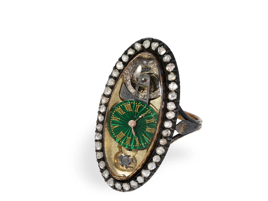 Ring watch: unusual historical ring watch set with diamonds, France, c. 1860