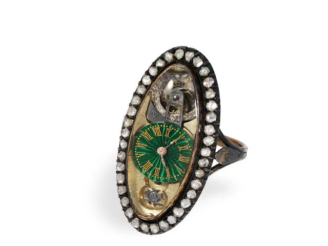 Ring watch: unusual historical ring watch set with diamonds, France, c. 1860