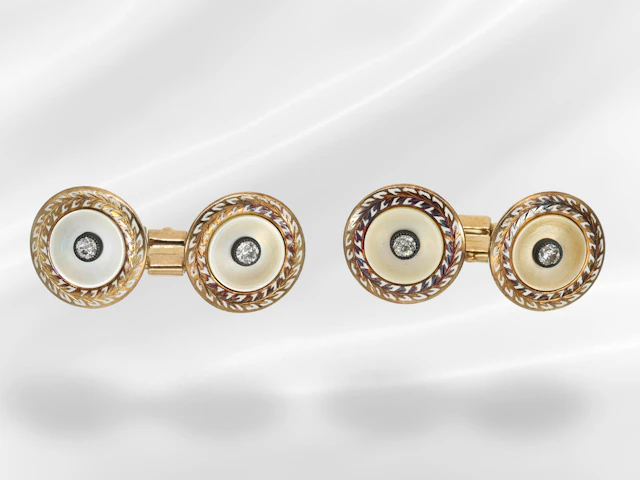 Beautiful antique mother-of-pearl cufflinks with old-cut diamonds